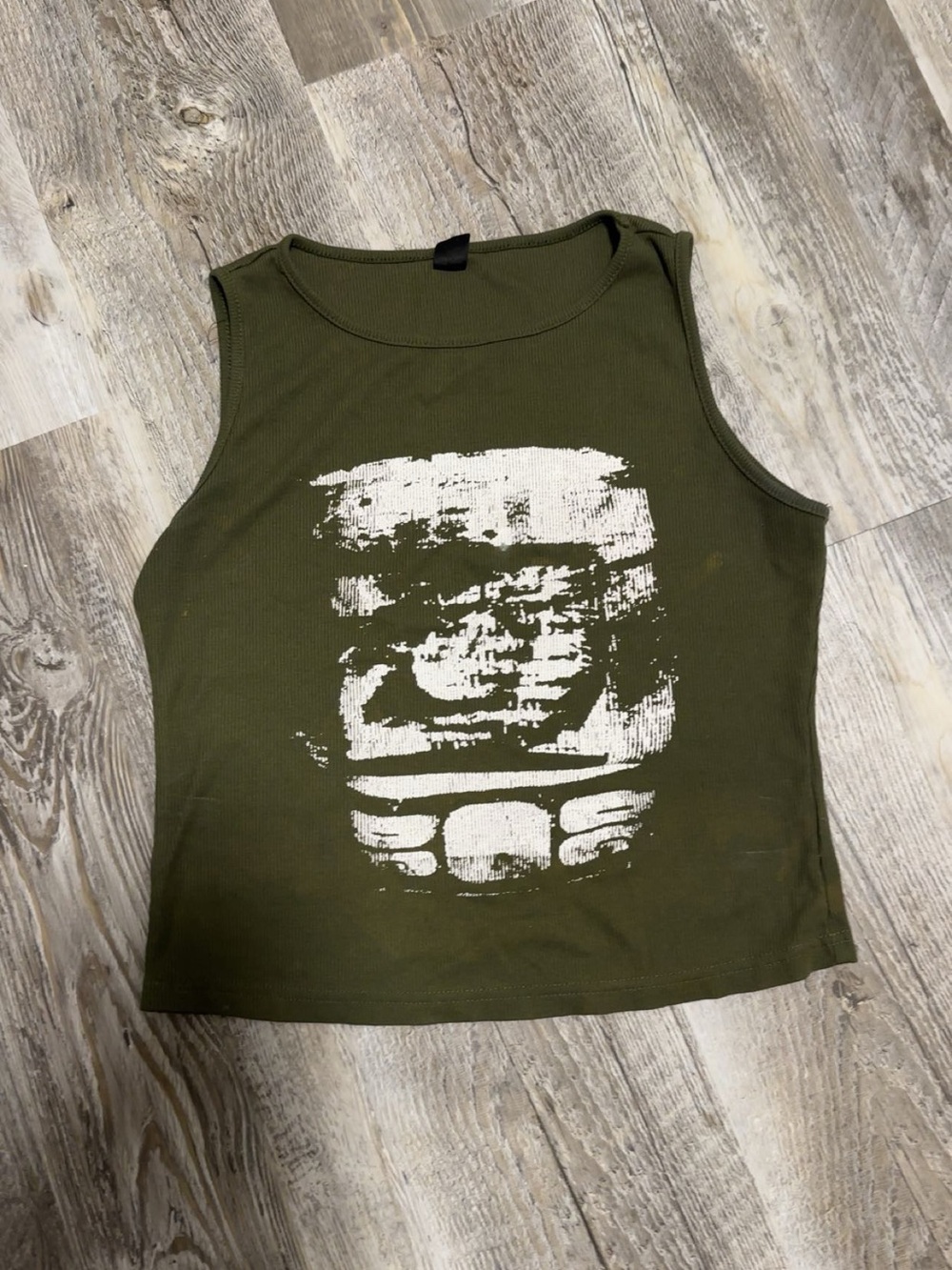 Olive Green Graphic Ribbed Top - Women